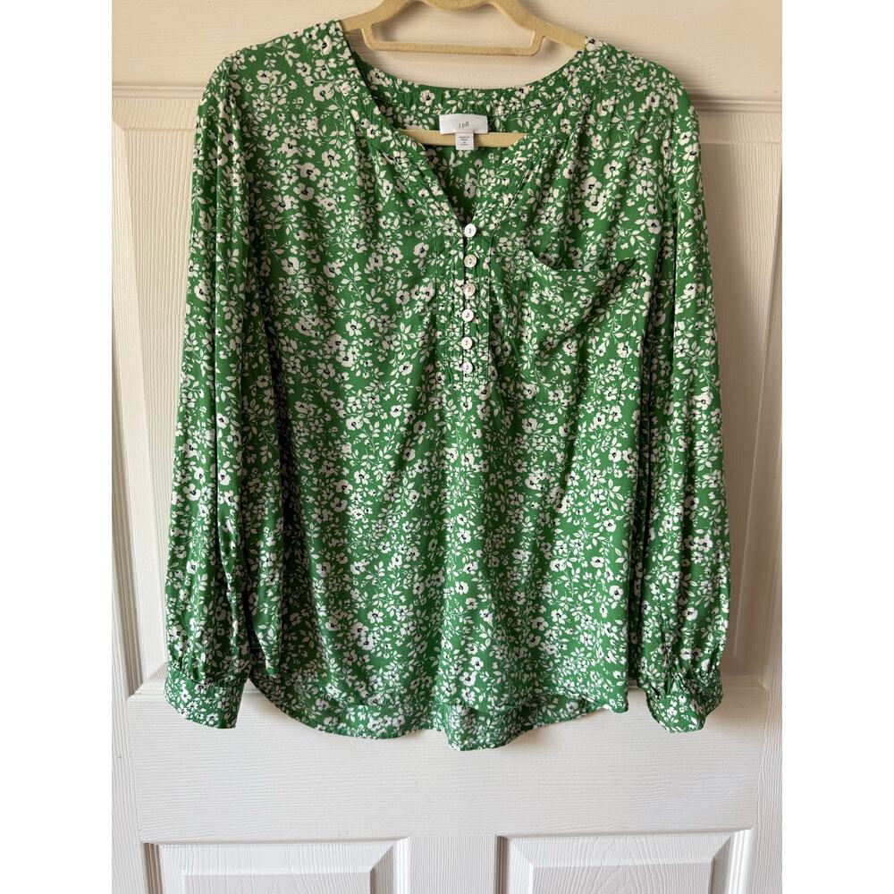 J. Jill Green Ditsy Floral‎ Boho Henley Blouse Petite Medium